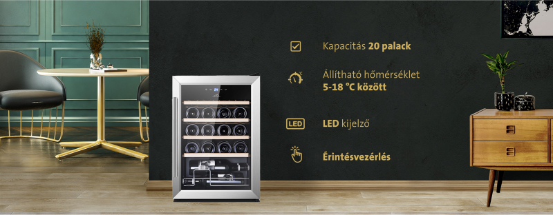 Bortartó palackokkal és érintőképernyővel.