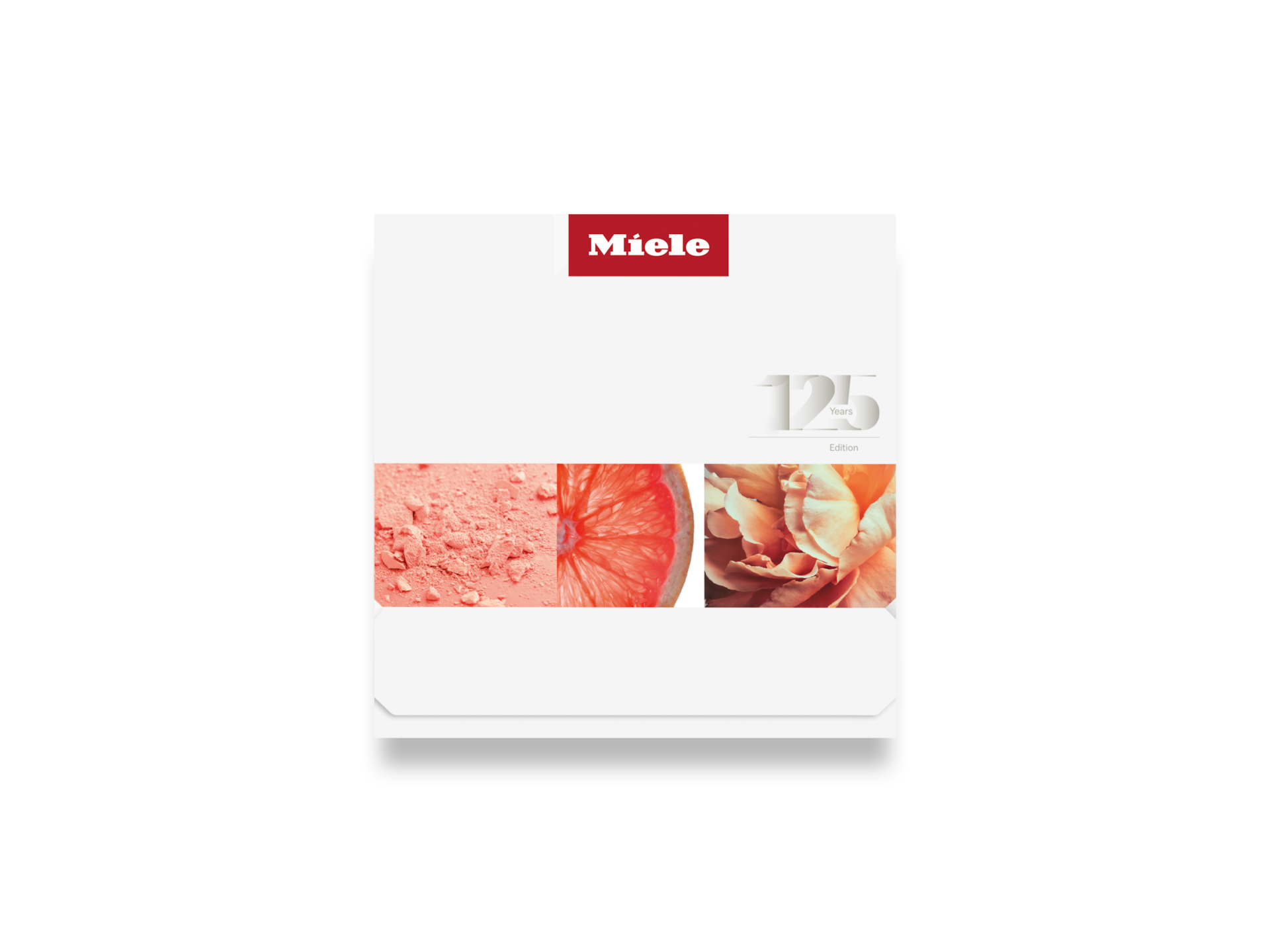 Miele 125 Years Edition brosúra fekete háttéren. Virágokat és egy grapefruit szeletet ábrázol.