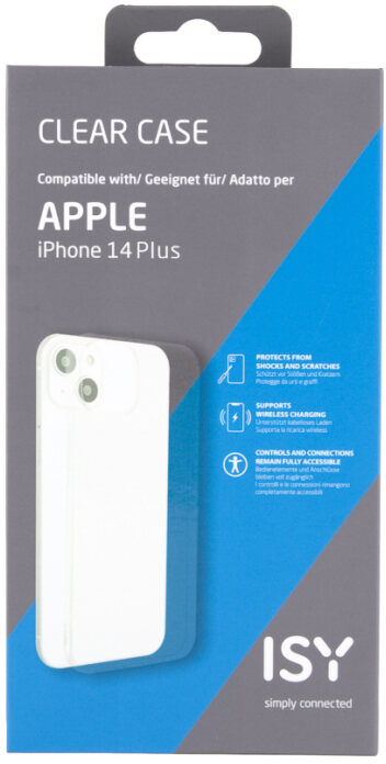 Boîte de coque transparente pour iPhone 14 Plus, avec détails sur la protection et le chargement sans fil.
