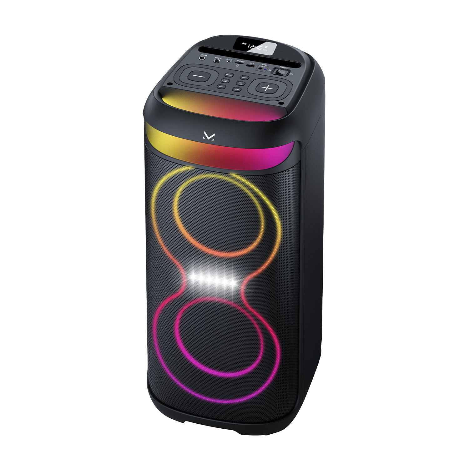Un altoparlante nero con luci colorate e un pannello di controllo. Un design moderno ed elegante.