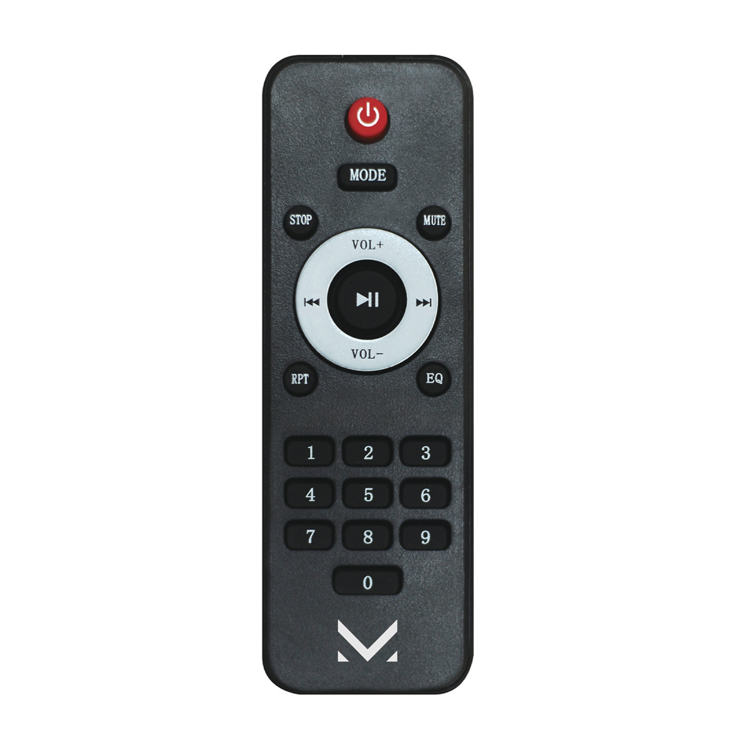 Telecomando nero con pulsanti, inclusi accensione/spegnimento, volume e controlli direzionali.