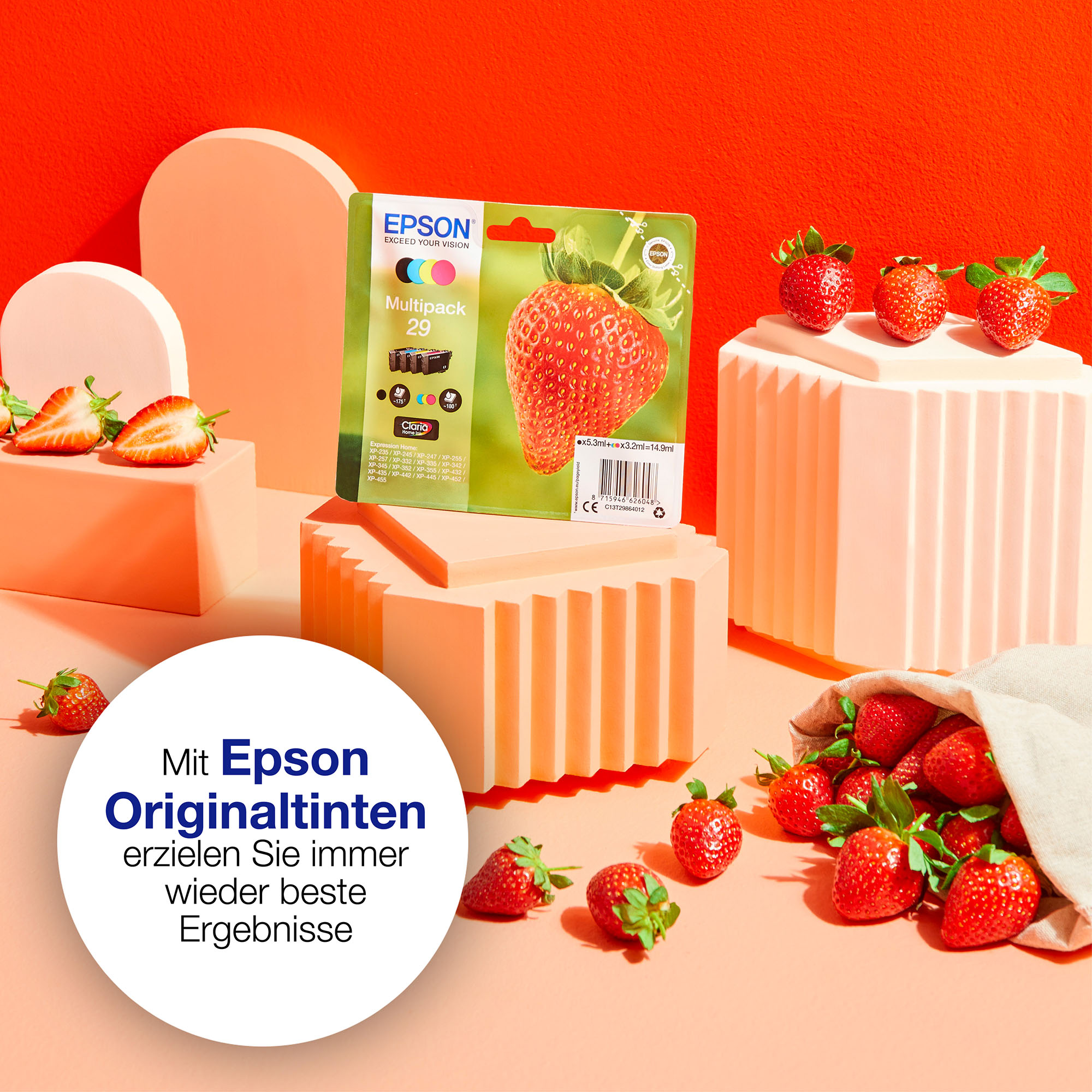 Epson Tintenpatronenpackung mit Erdbeeren, einer Box und Text über originale Epson-Tinte.