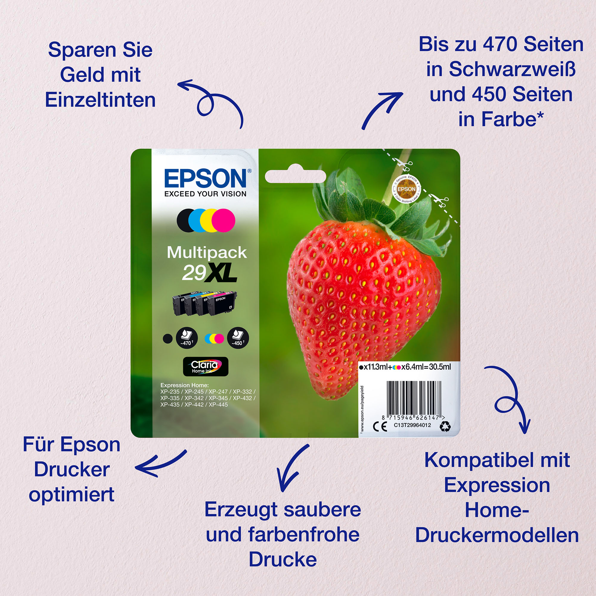 Epson Drucker Tinten Multipack mit einer Erdbeere. Text auf Deutsch.