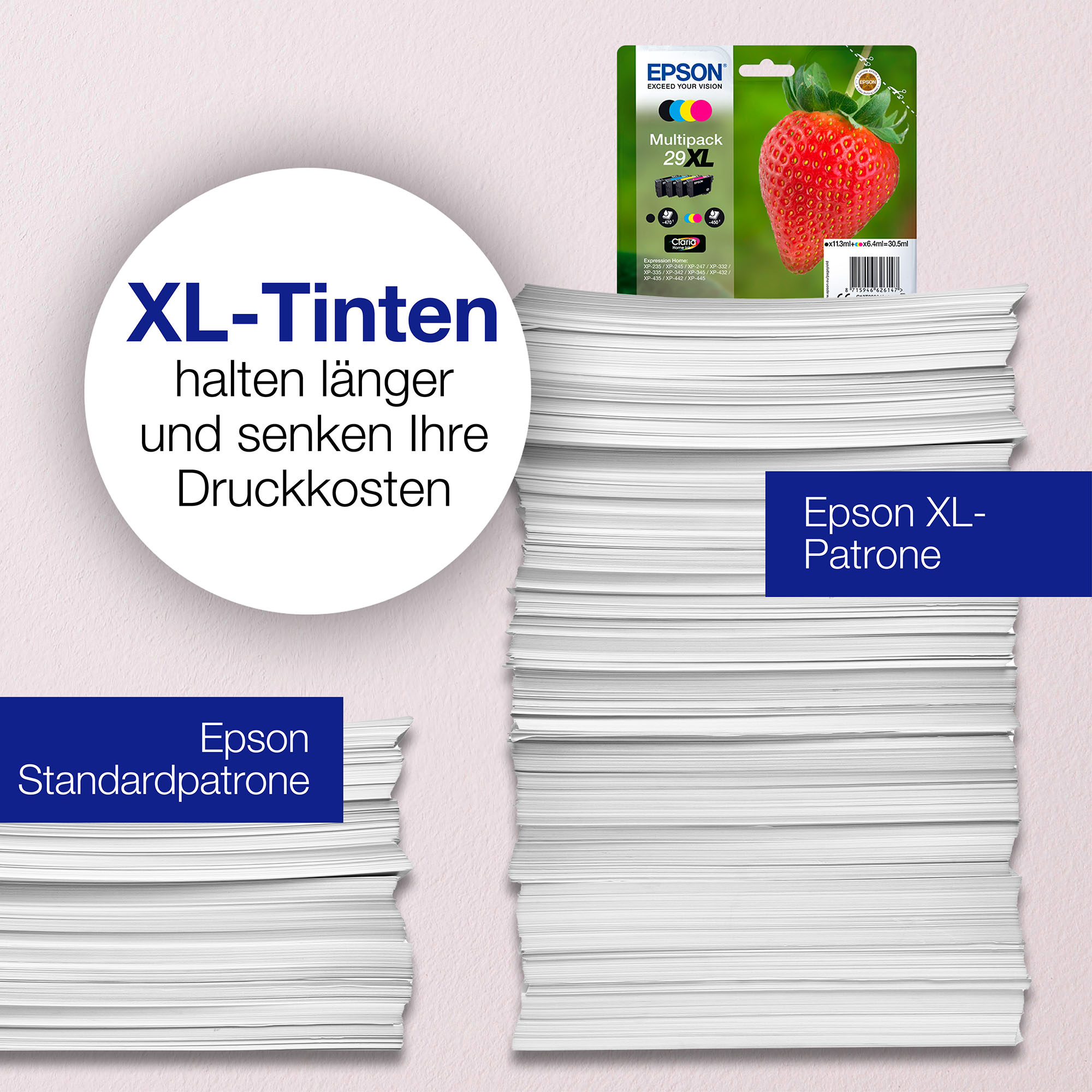 Ein Bild von Papierstapeln mit Epson-Tintenpatronen und Text über Kosteneinsparungen.