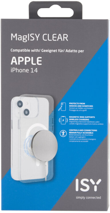 Une boîte de produit pour un étui iPhone 14, étiquetée 'MaglSY CLEAR' avec une image du téléphone.