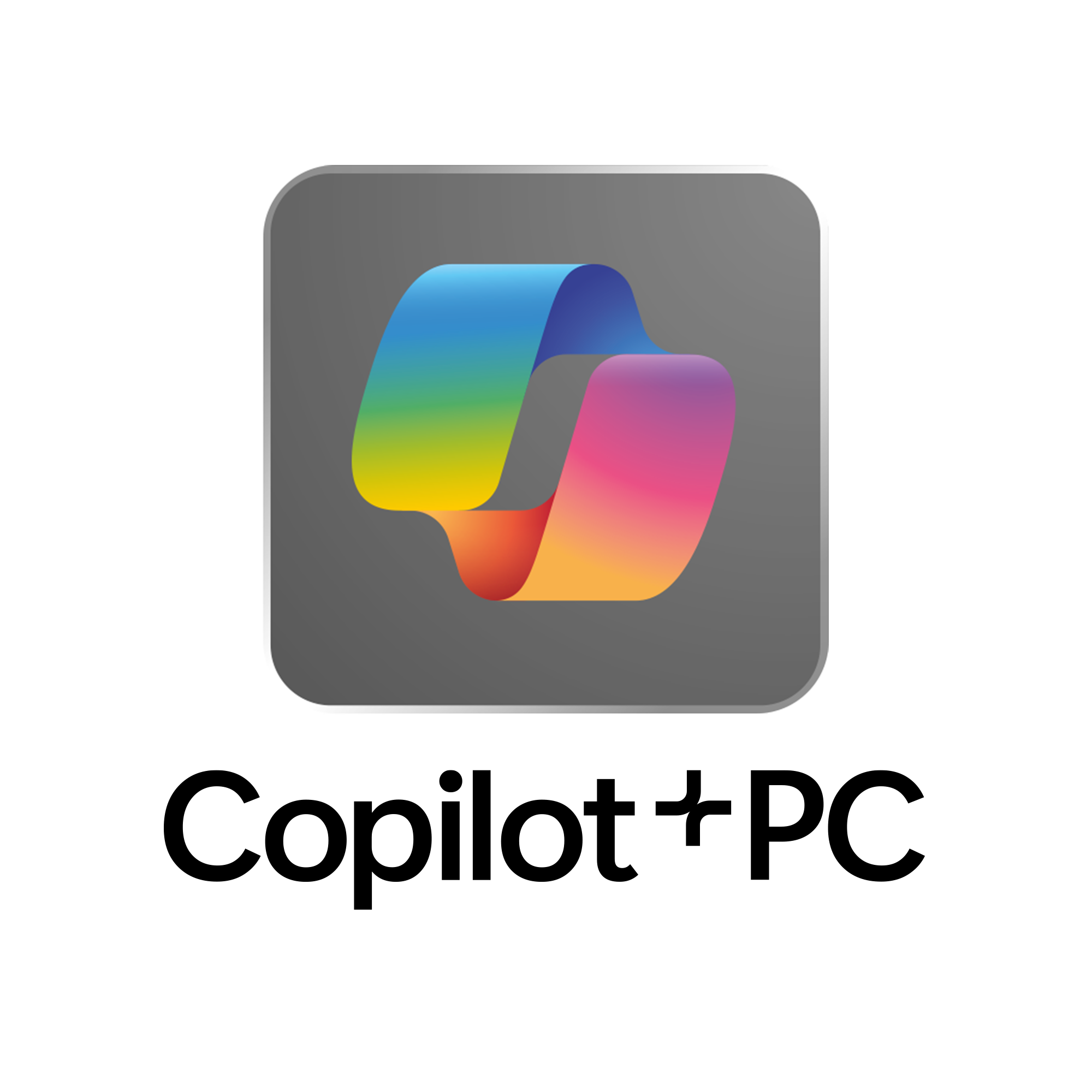 Logotipo de cinta arcoíris sobre un cuadrado gris con esquinas redondeadas, sobre fondo negro.