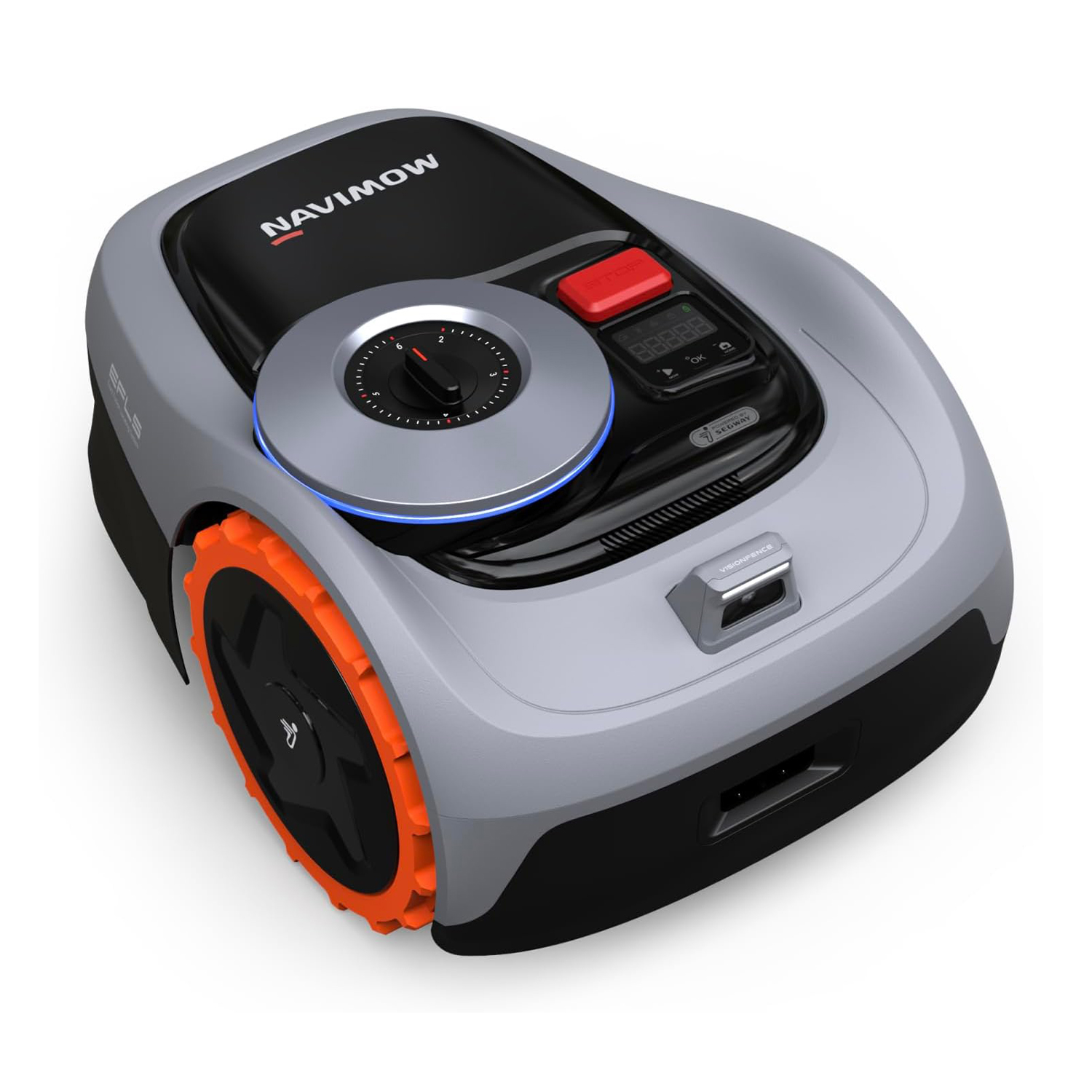 Robot tosaerba, grigio e arancione, marchio Navimow, con un pulsante rosso, sfondo bianco.
