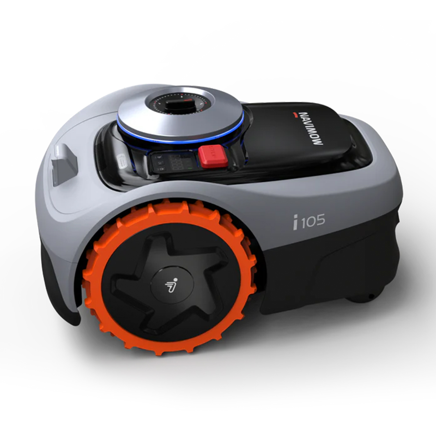 Robot tosaerba con ruote arancioni e parte superiore nera.
