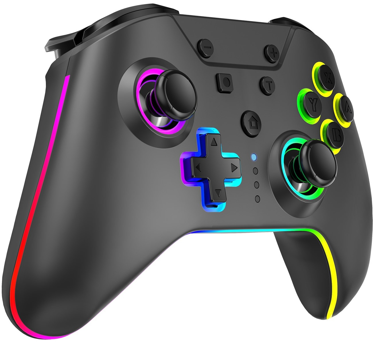 Schwarzer Gaming-Controller mit bunten Lichtern um Knöpfe und Sticks.