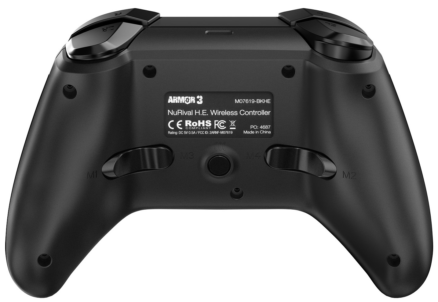 Rückseite eines schwarzen drahtlosen Gamecontrollers mit Knöpfen und Text.