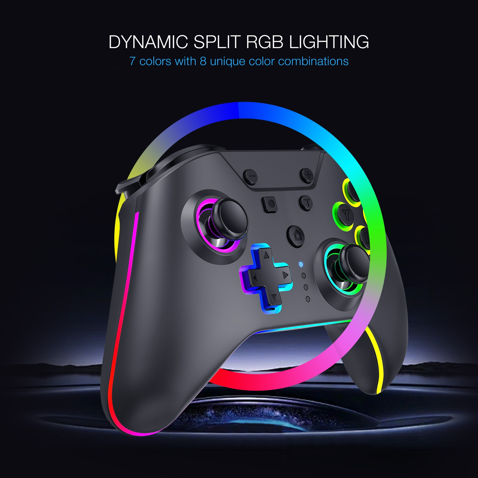 Schwarzer Gamepad-Controller mit lebendiger RGB-Beleuchtung um Knöpfe und Thumbsticks.