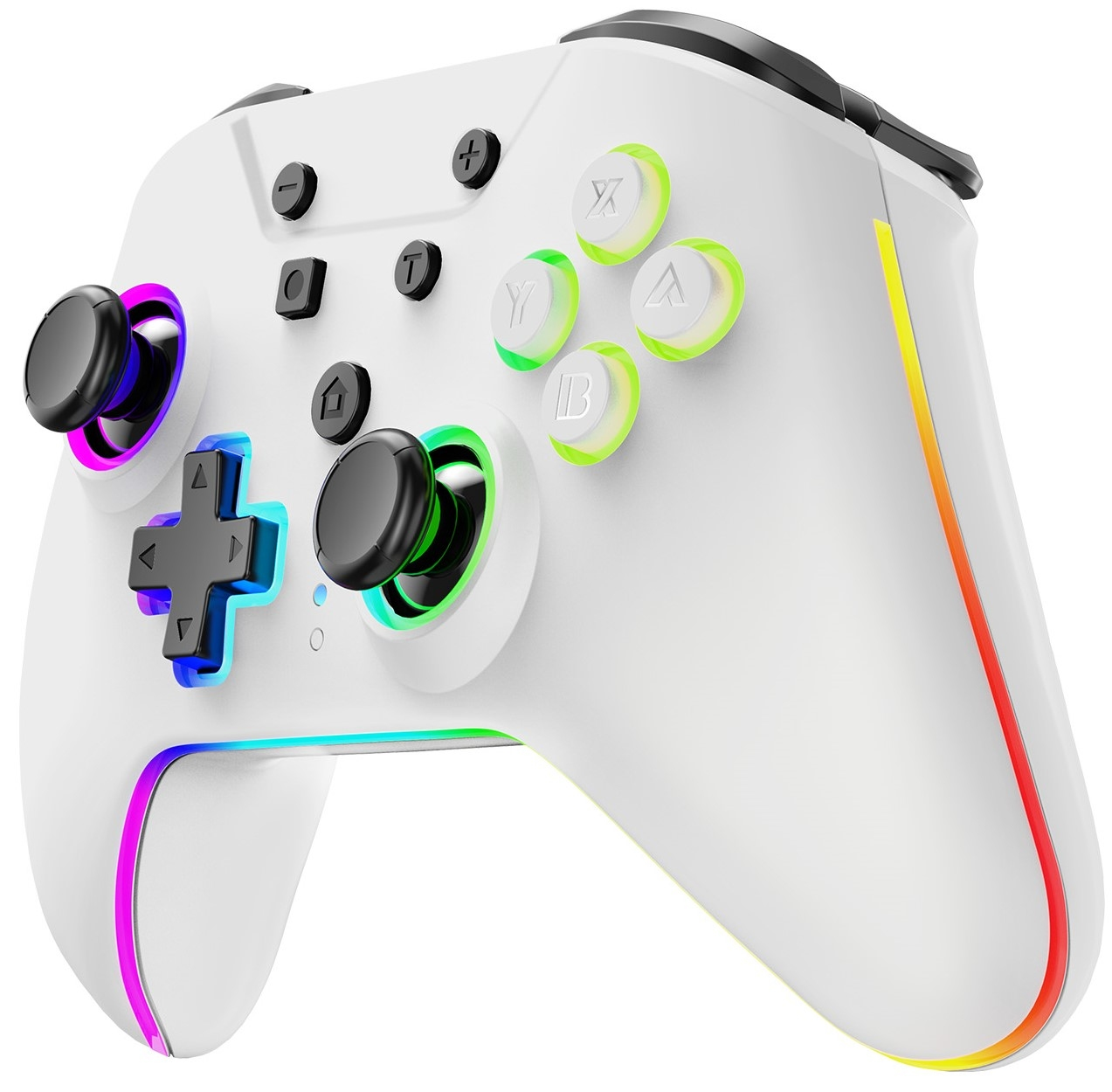 Weißer Gaming-Controller mit schwarzen Joysticks, bunten Knöpfen und leuchtendem Rand.