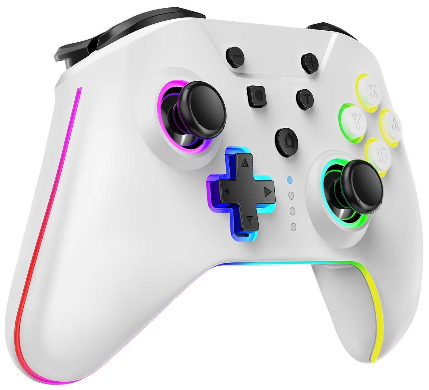 Weißer Gamecontroller mit bunten Tasten und Lichtern, mit schwarzem Joystick und Steuerkreuz.