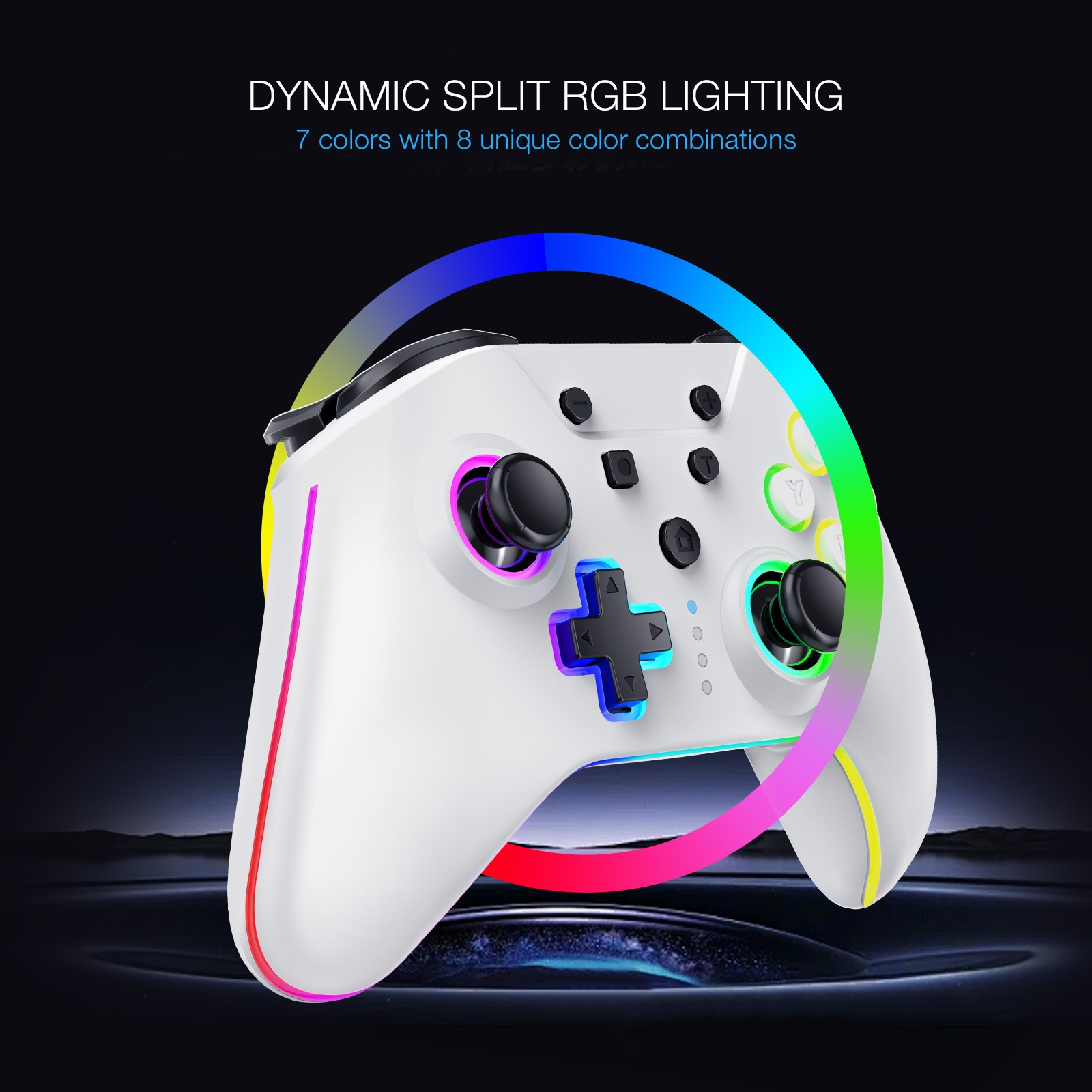 Weißer Gaming-Controller mit farbenfrohem Lichtring um die Knöpfe. Dynamic Split RGB Lighting.