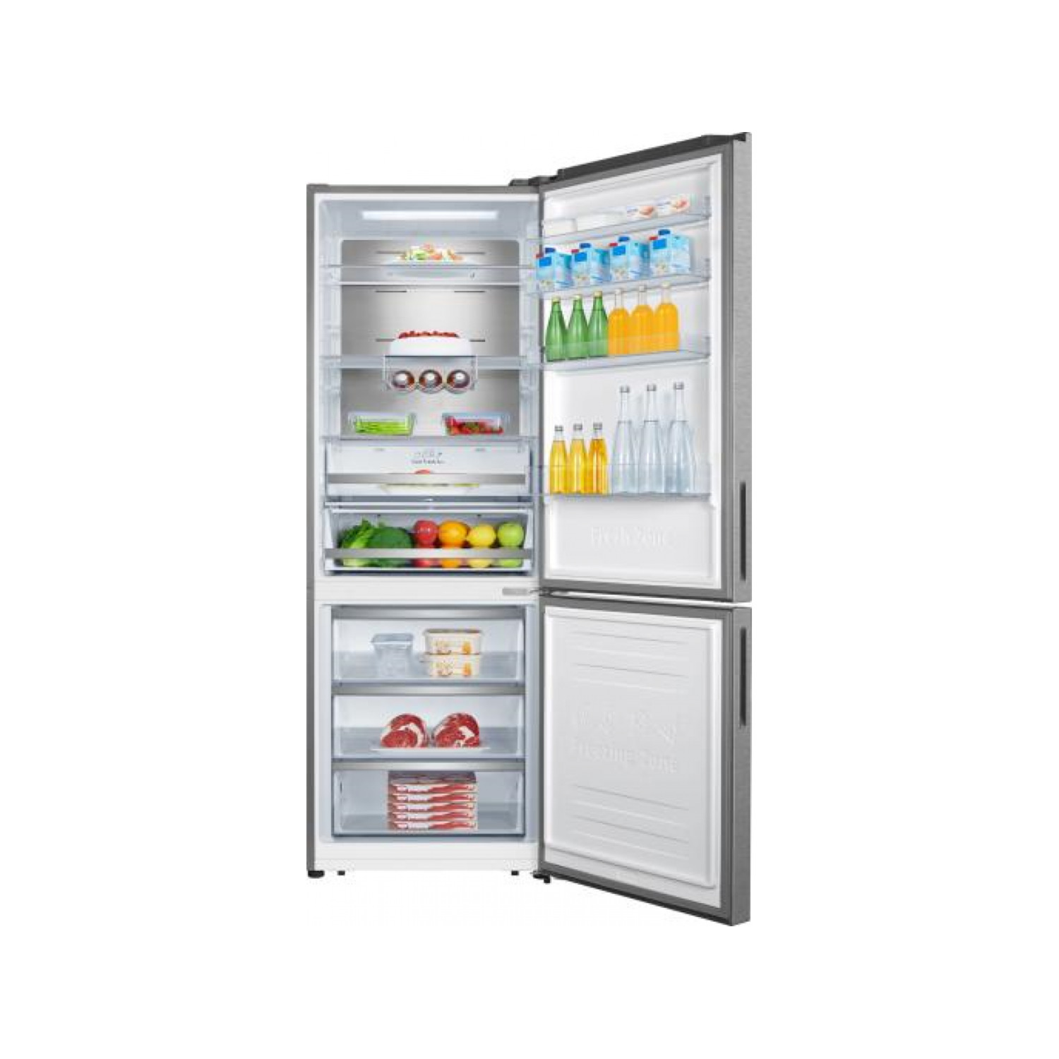 A split-door refrigerator with its doors open, revealing interior shelves and contents.