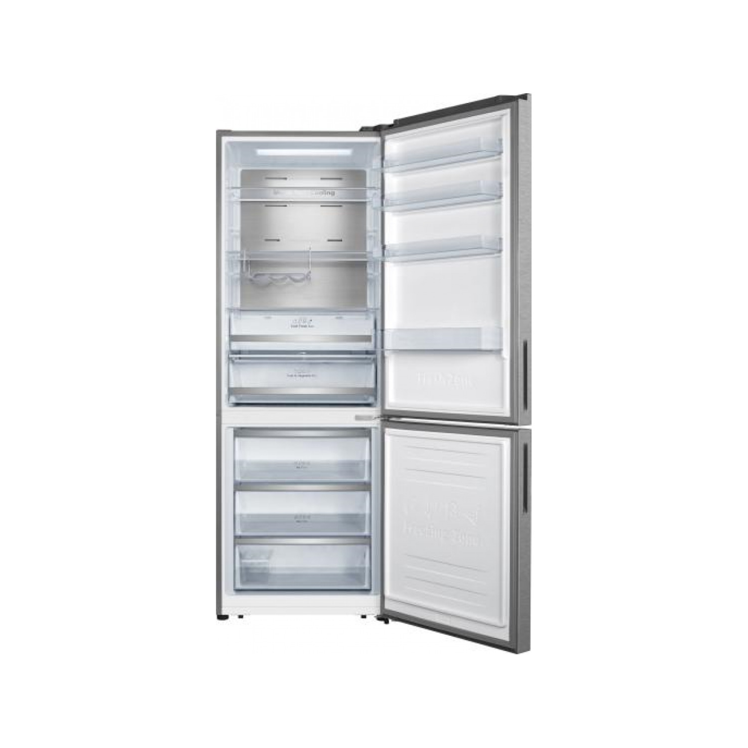 Silver fridge-freezer with open doors. Shelves and drawers are visible. White background.