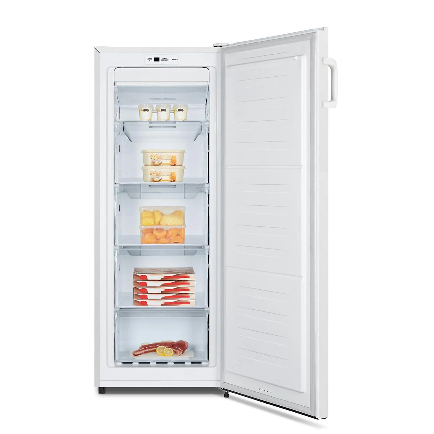 White freezer with the door open, showing shelves with food items.