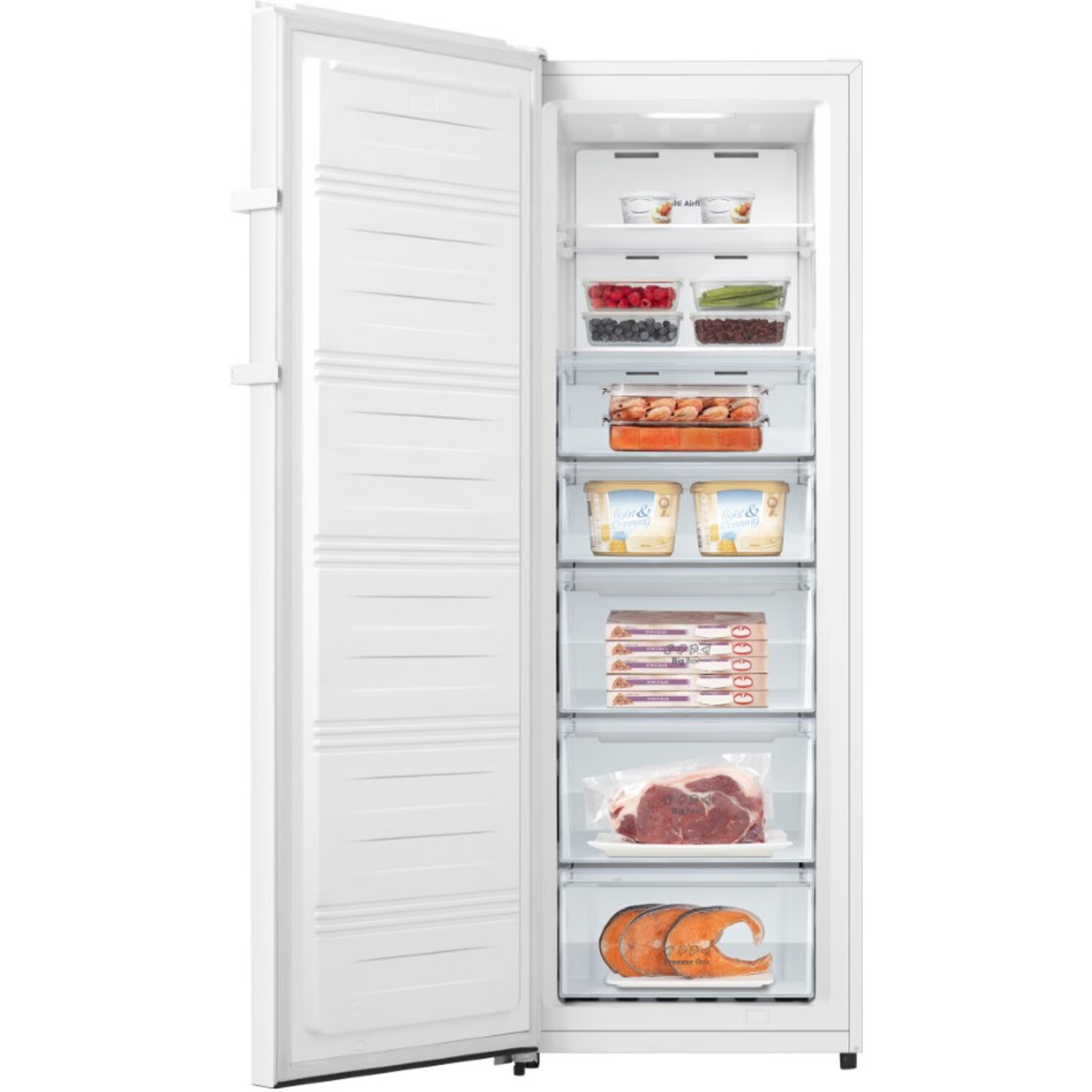 White refrigerator with the door open, showing shelves with various food items, including meat, fish, and produce.