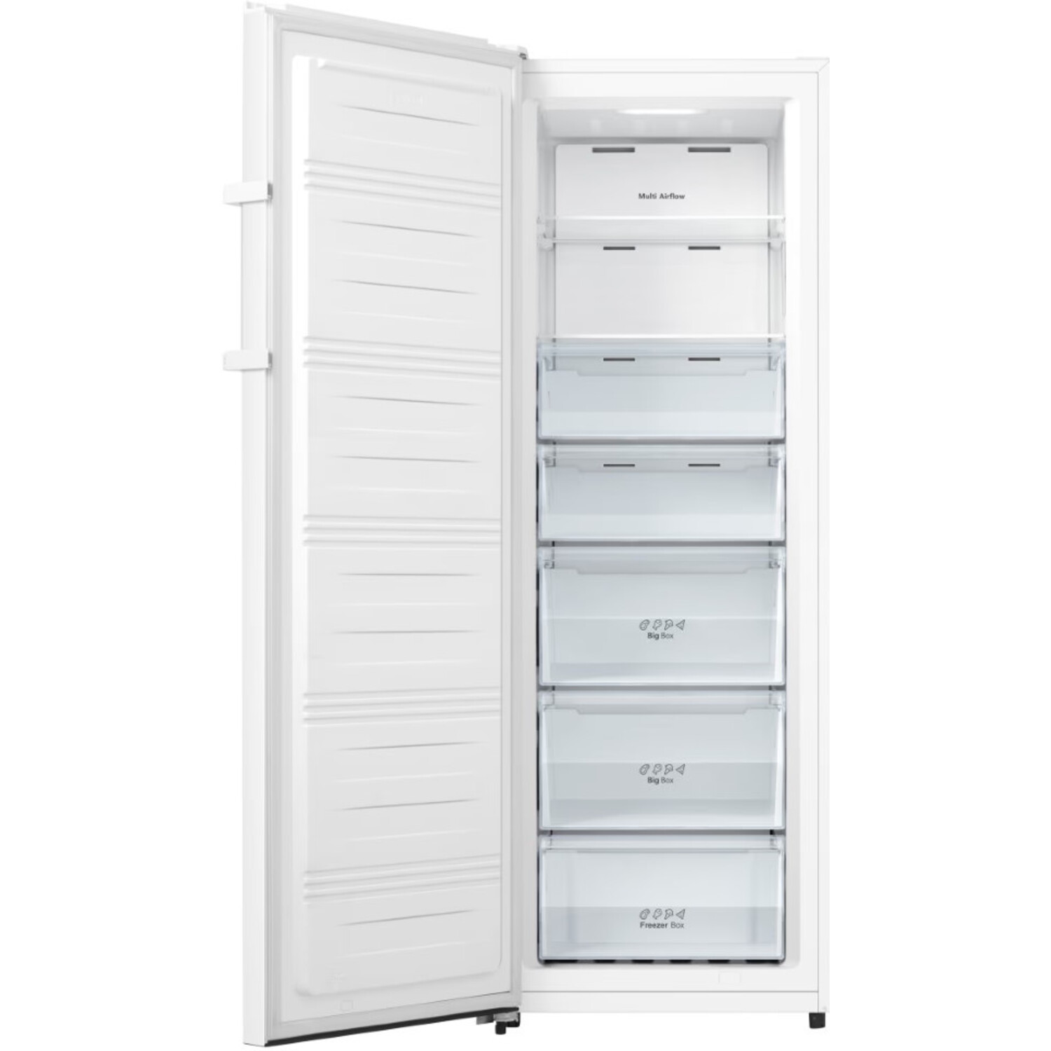 White freezer with the door open, showing shelves and drawers. Isolated on white.