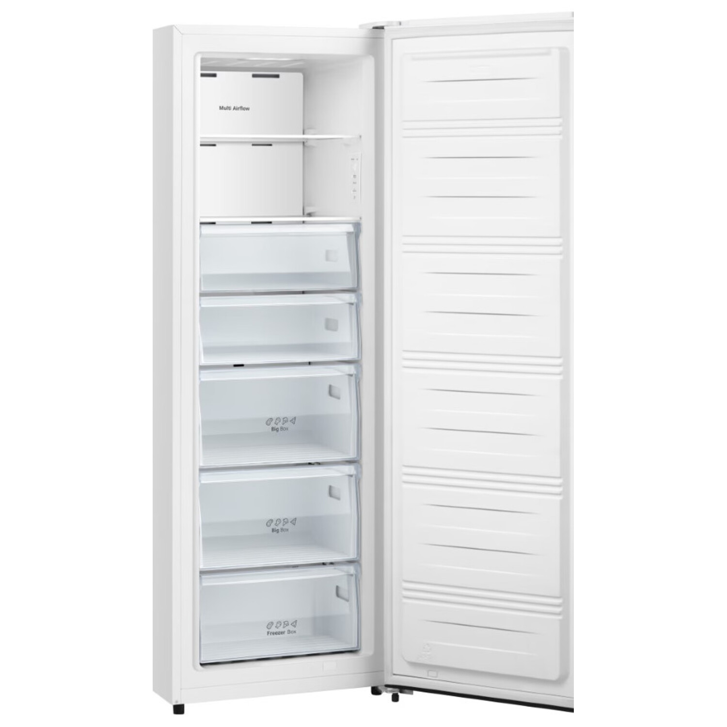 White freezer with open door. Contains multiple drawers and shelves. The background is white.