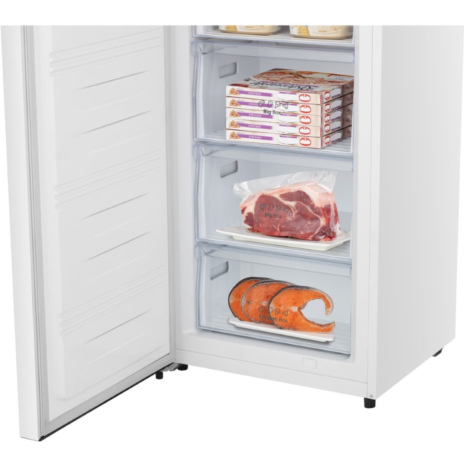Freezer interior with shelves. Food items visible. Frozen food, meat, and salmon.
