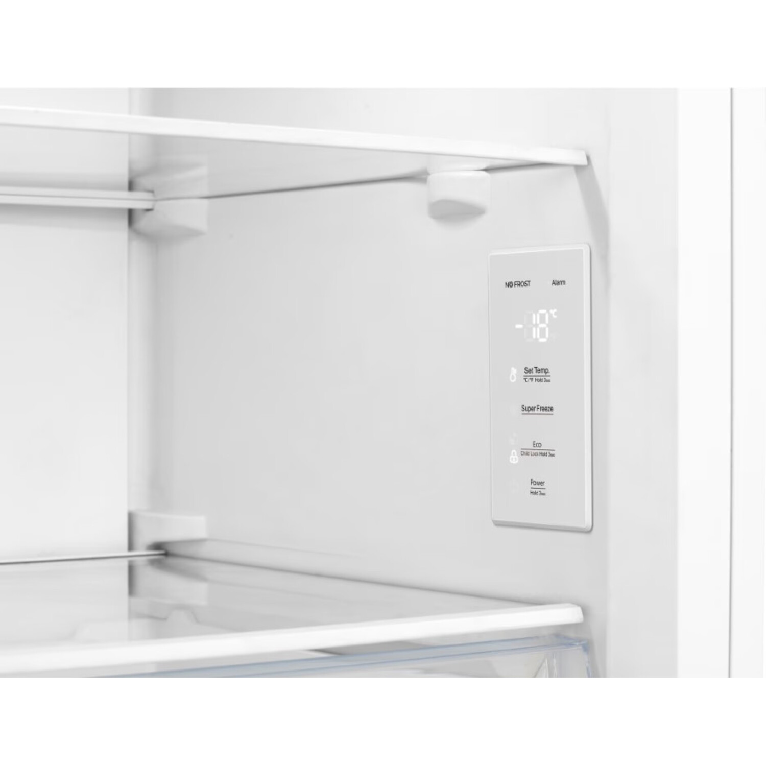 Inside a white refrigerator: a digital display shows -18°C and control options.