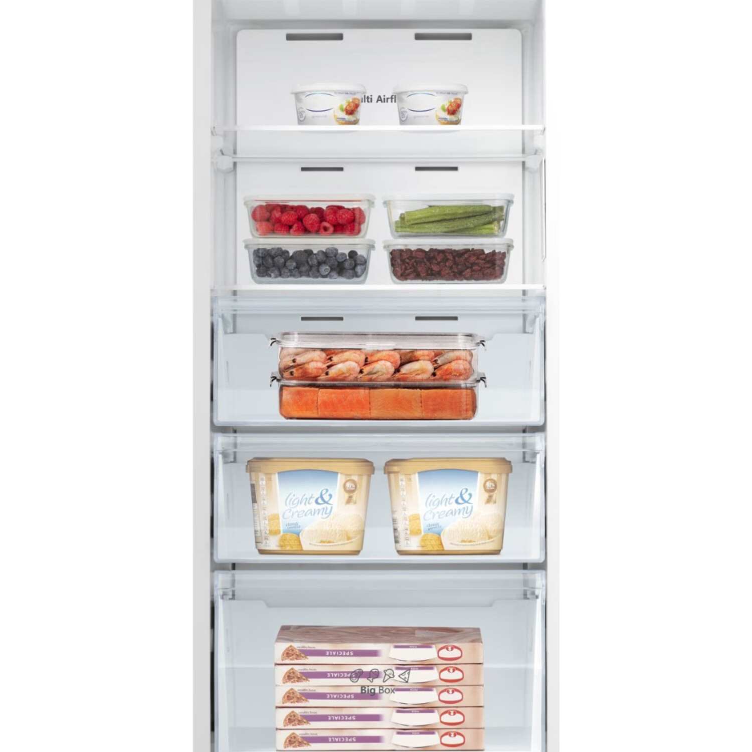 Refrigerator interior with shelves of food items including berries, containers, and cream.