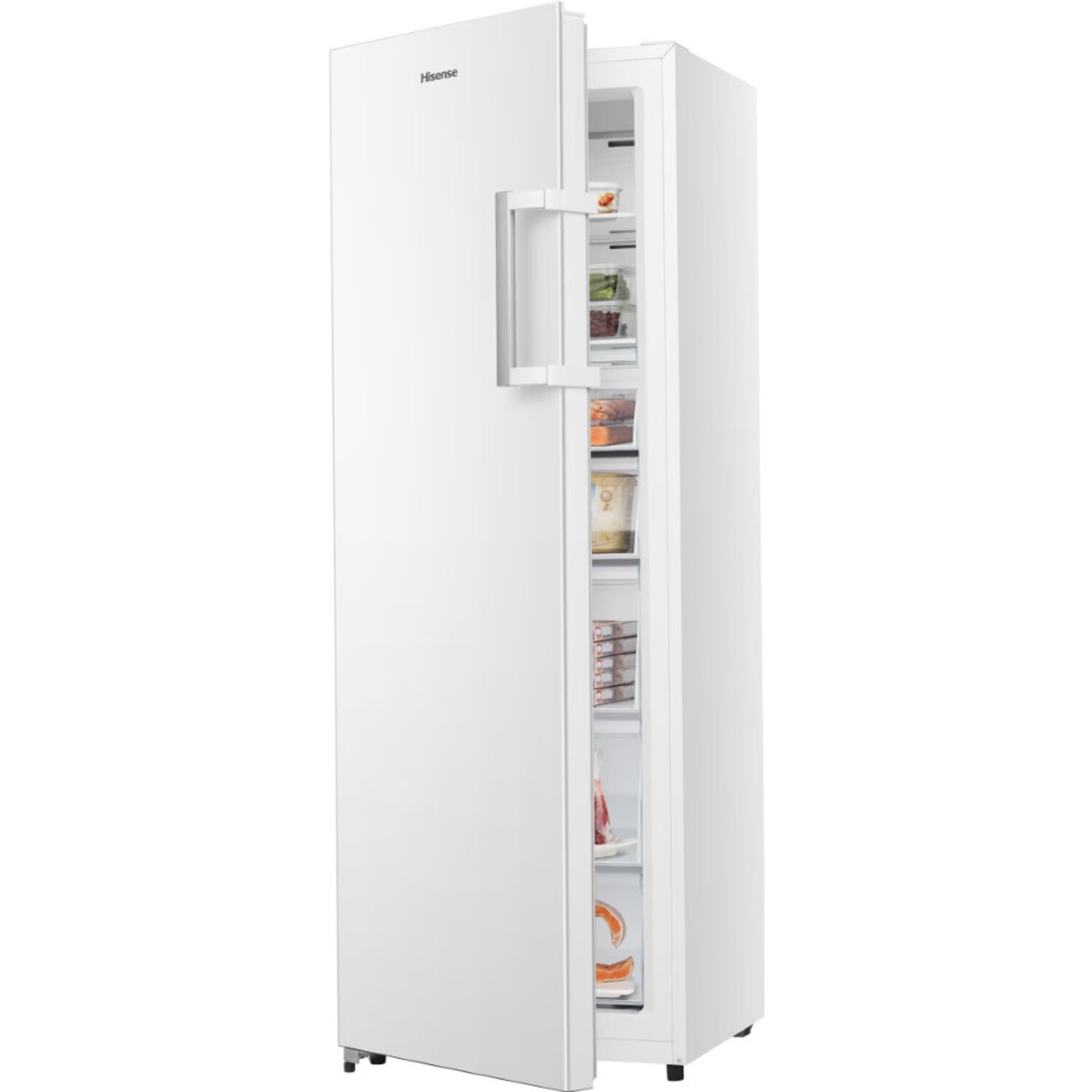 White, tall freezer with open door, revealing shelves of frozen food. Hisense brand.
