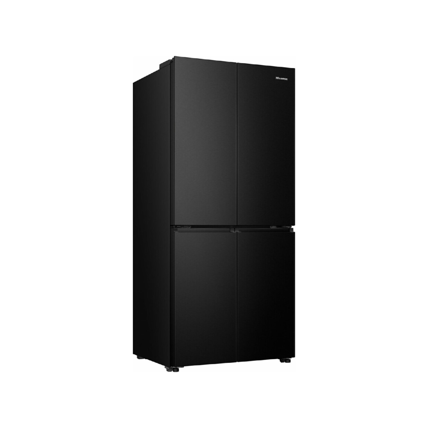 A black Hisense refrigerator with four doors, showcasing a modern and sleek design.