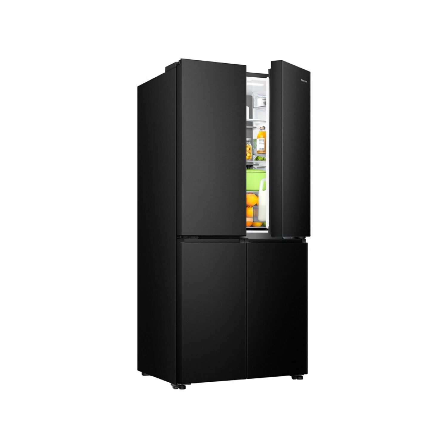 Black refrigerator with two doors on the top and two doors on the bottom. Open doors.