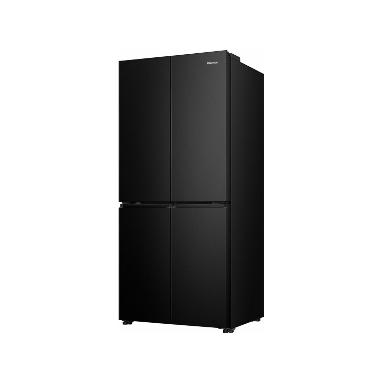 Black Hisense four-door refrigerator. It stands upright against a white background.