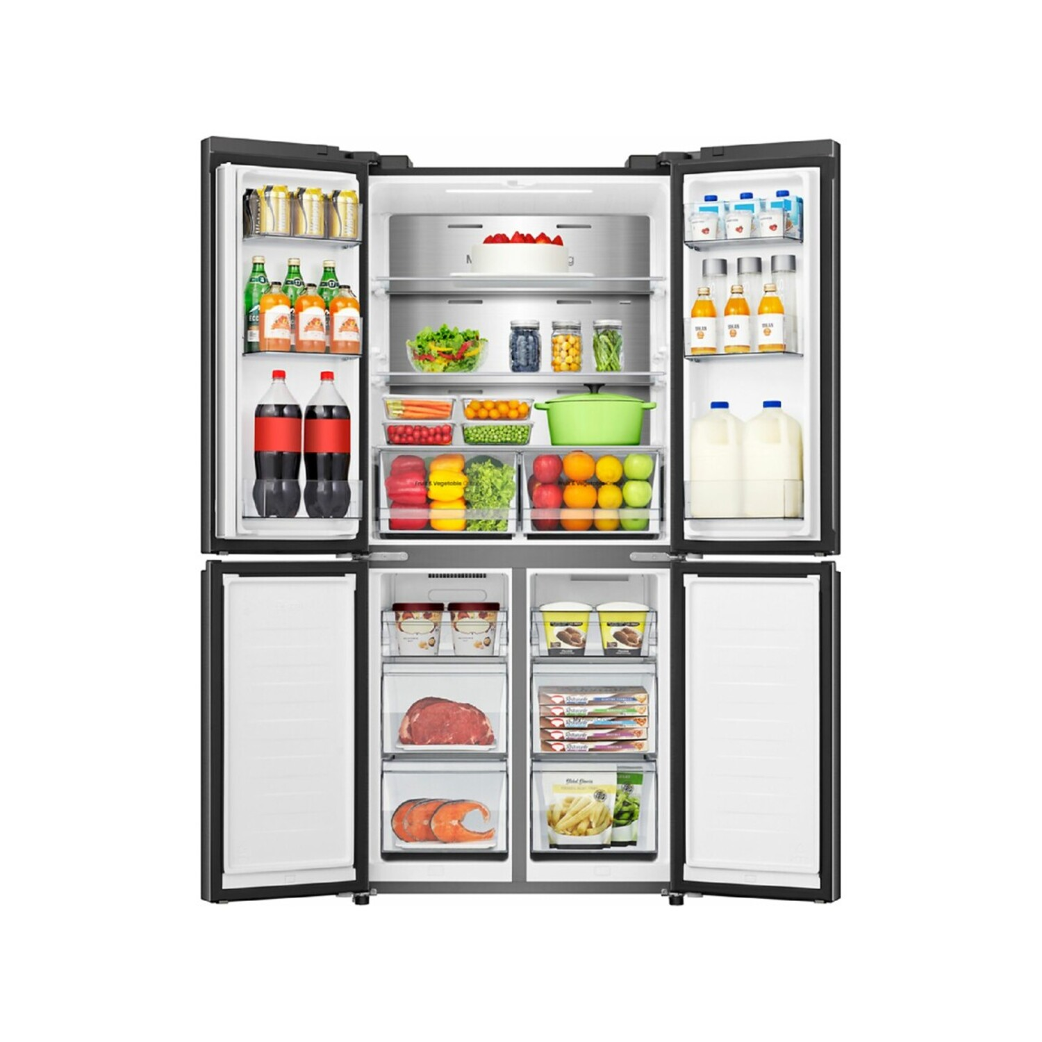 Open refrigerator filled with food. Includes drinks, fruits, vegetables, and frozen items.