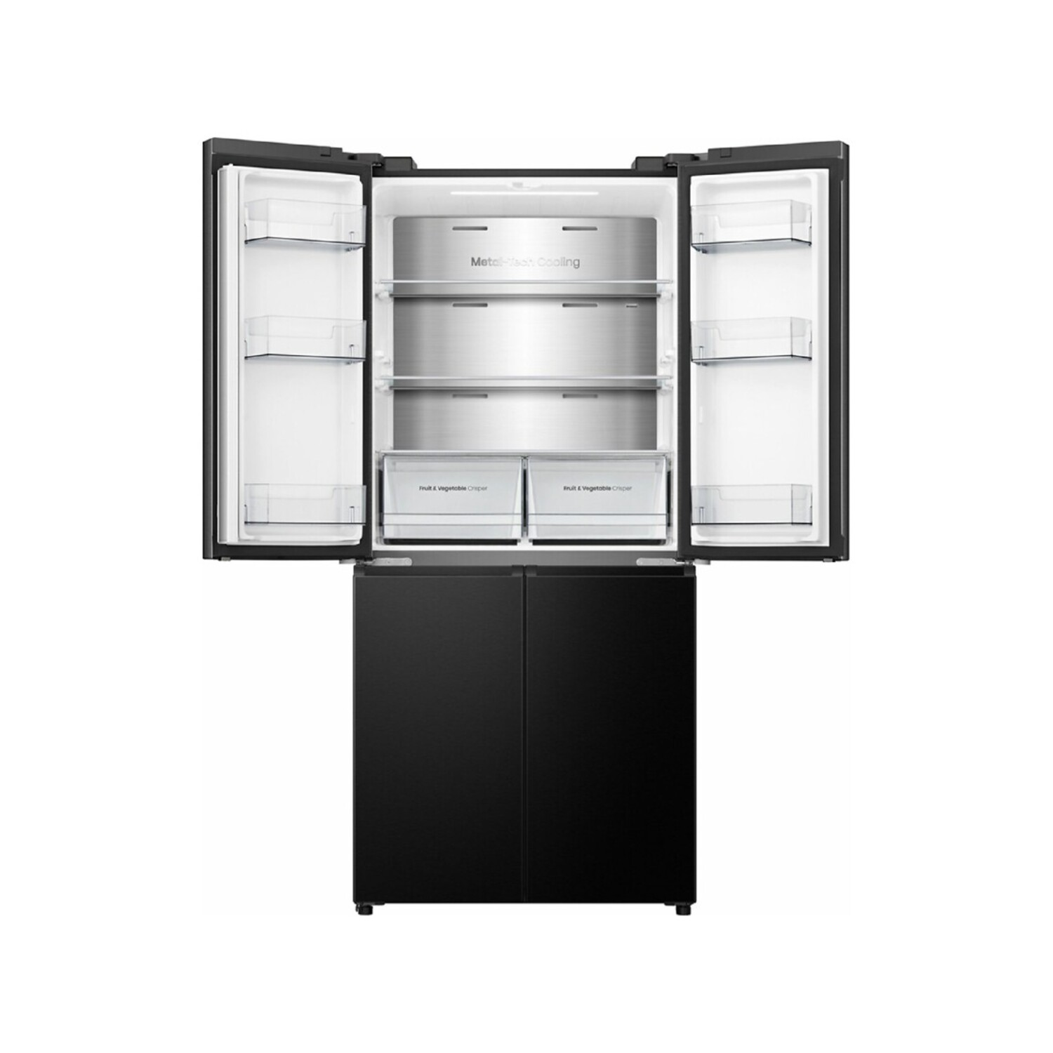 Open black refrigerator with open doors showing shelves and drawers, white background.