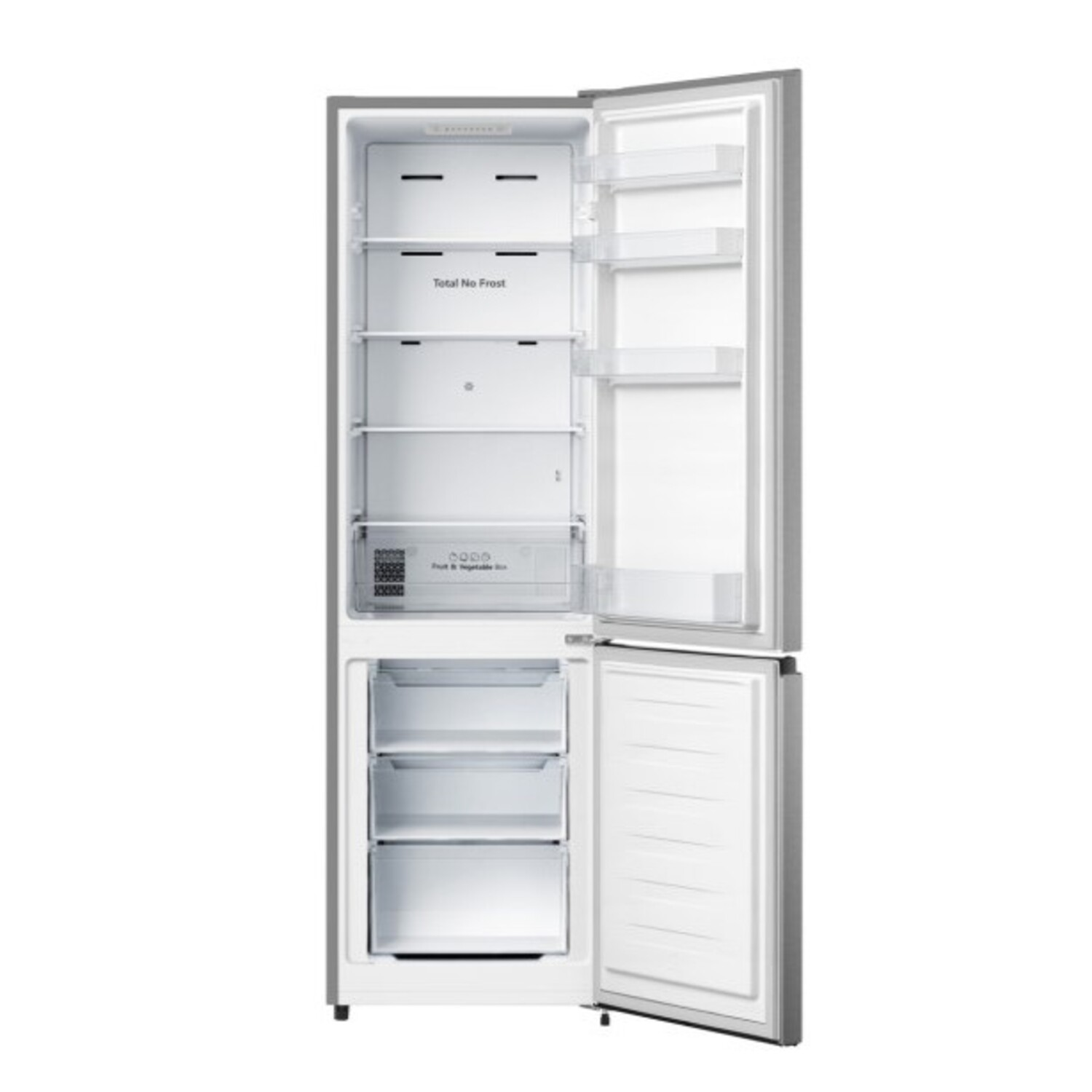 Open refrigerator, showing shelves and drawers.