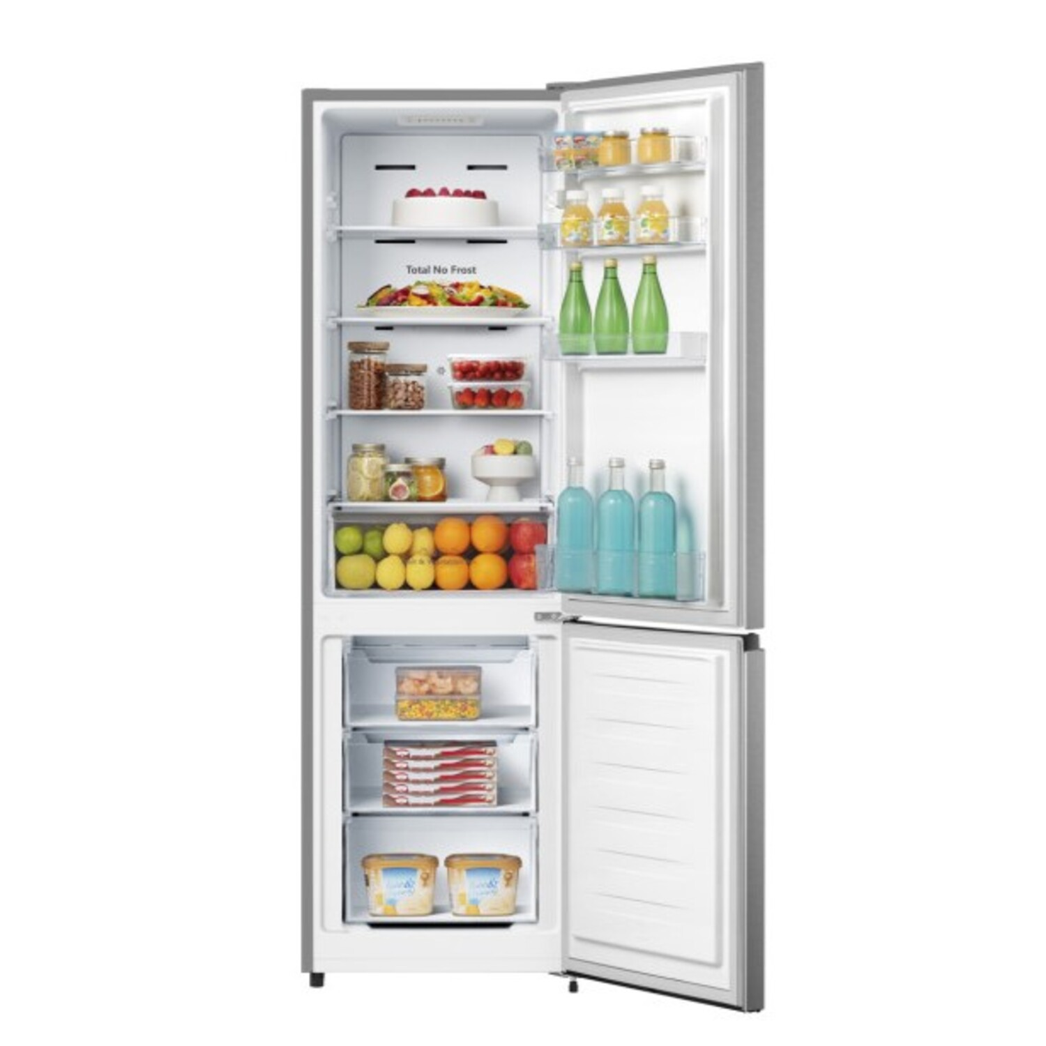 A refrigerator with the door open, showing shelves of food and drinks.