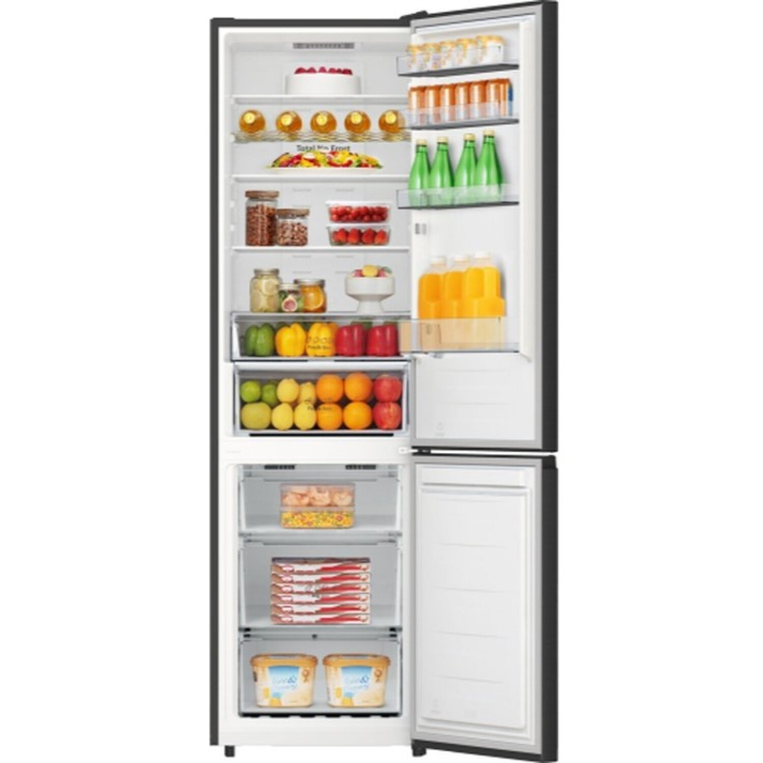 Intérieur de réfrigérateur, ouvert, avec aliments dans compartiments et tiroirs. Étagère supérieure avec œufs.