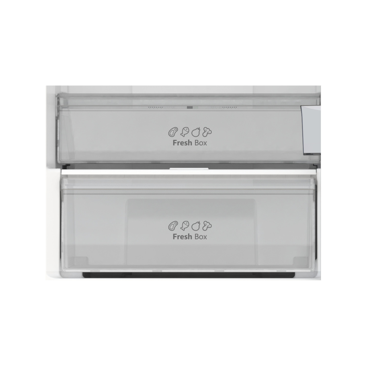 Deux tiroirs en plastique transparent, étiquetés 'Fresh Box', empilés l'un sur l'autre, à l'intérieur d'un réfrigérateur.
