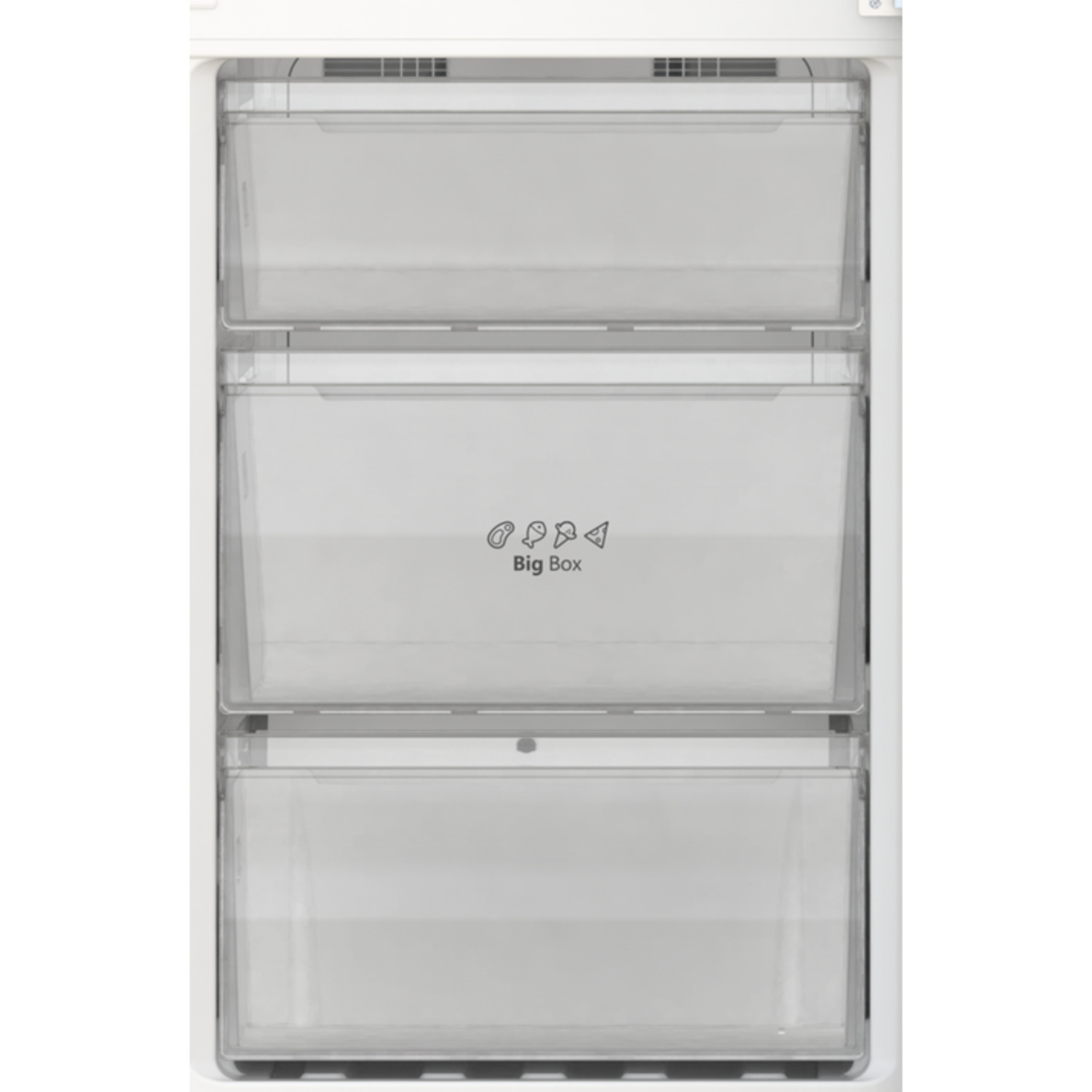 Intérieur de congélateur blanc avec trois tiroirs transparents, texte Big Box.