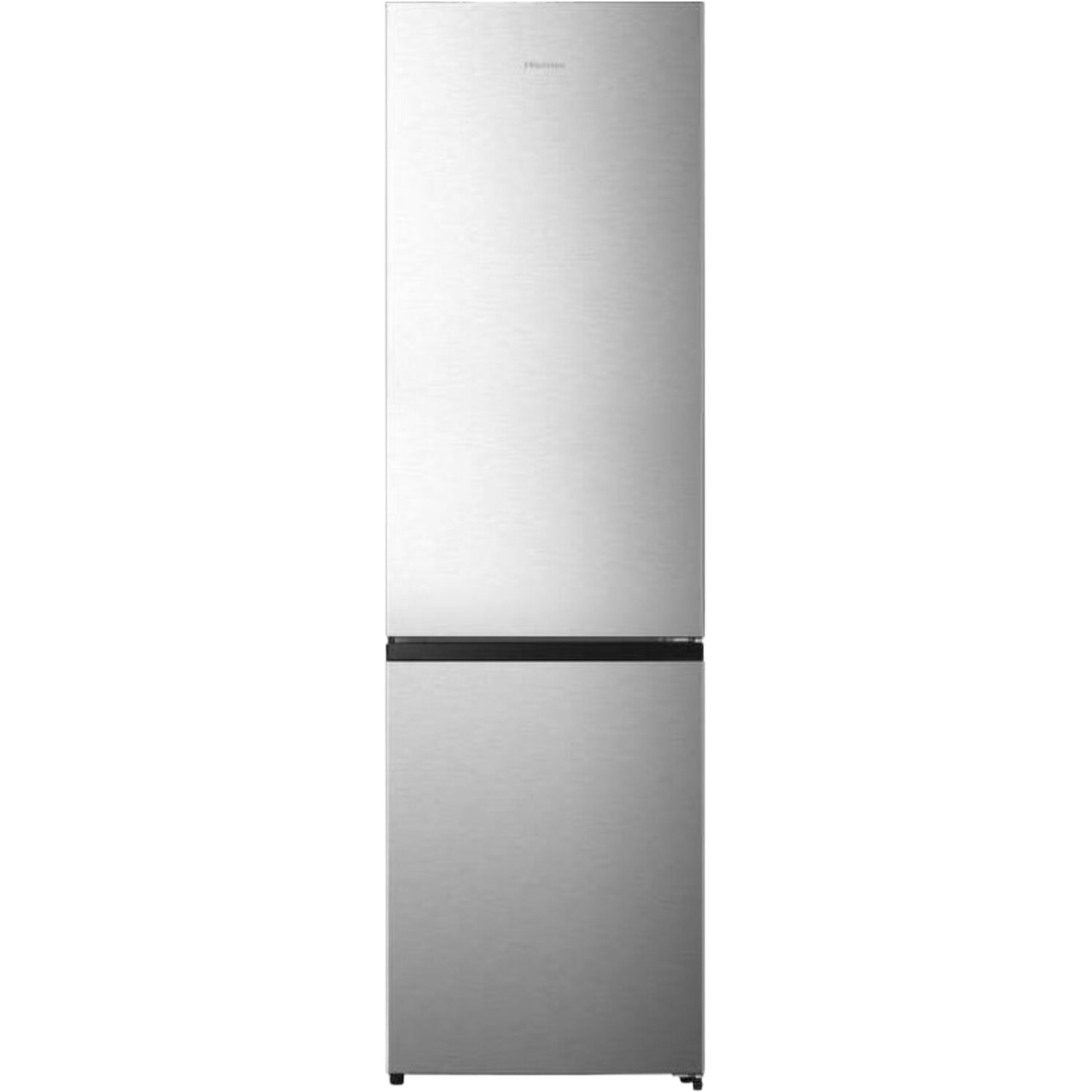 Zilveren Hisense koelkast, hoog en slank. Twee deuren, zwart detail. Zwarte achtergrond.