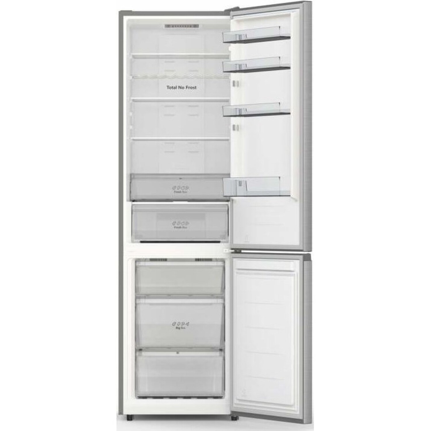 Een koelkast met de deur open, met schappen en laden. Items zijn zichtbaar binnenin.