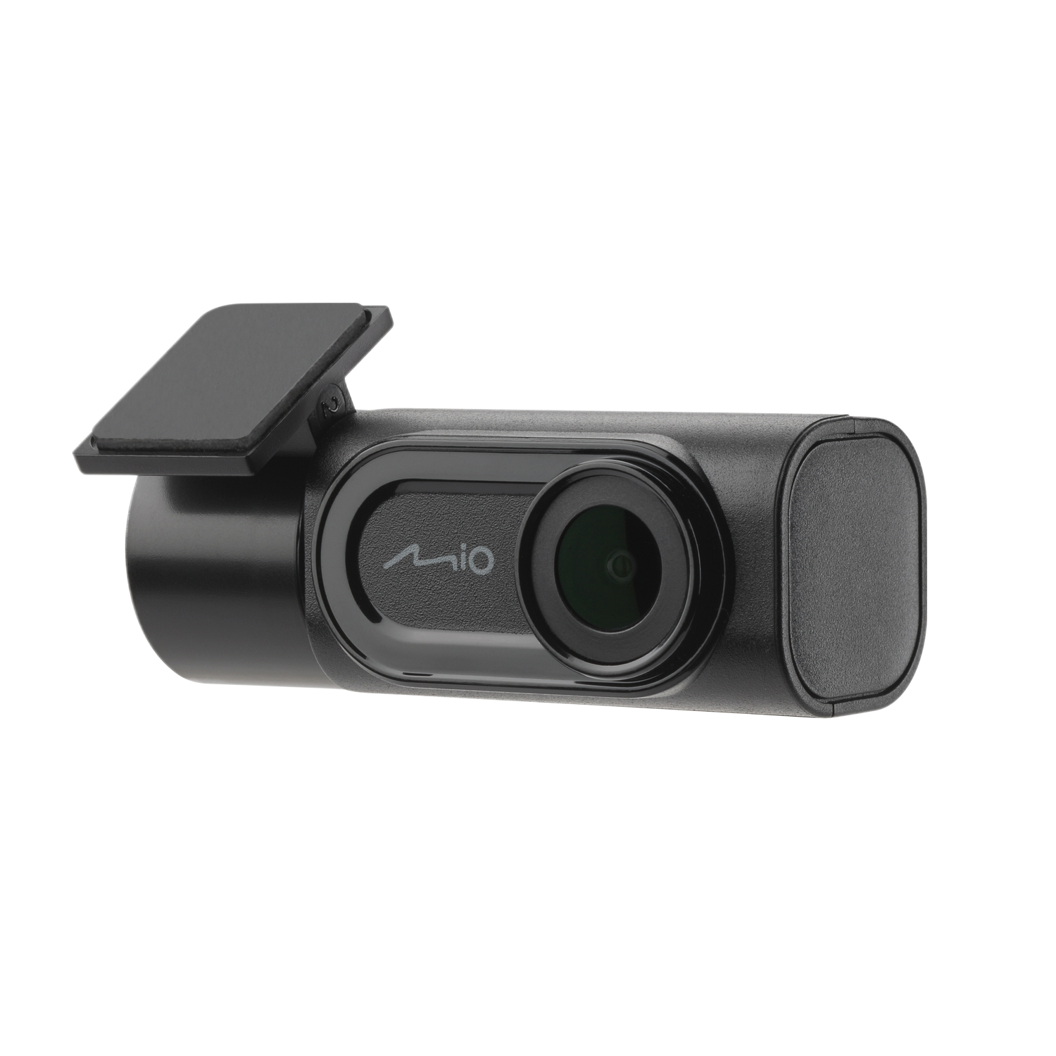 Zwarte Mio dashcam met een lens, scherm en een kleine zonneklep.