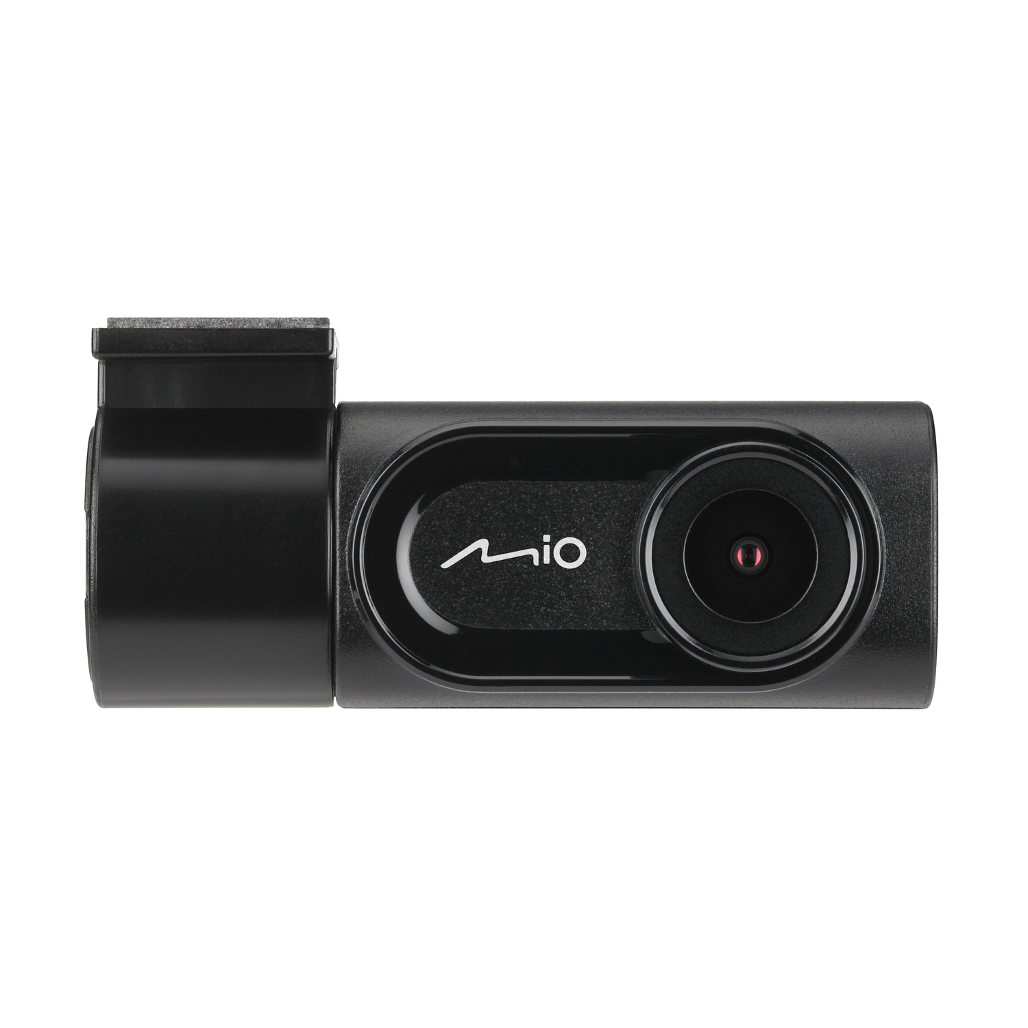 Zwarte Mio dashcam. Hij is rechthoekig met een lens. Mio logo is zichtbaar.