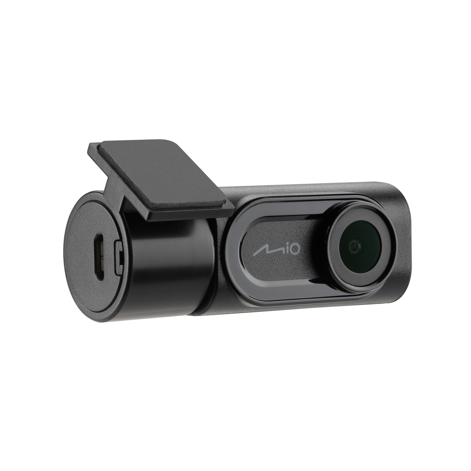 Zwarte dashcam met lens en scherm. Het heeft een houder. Witte achtergrond.