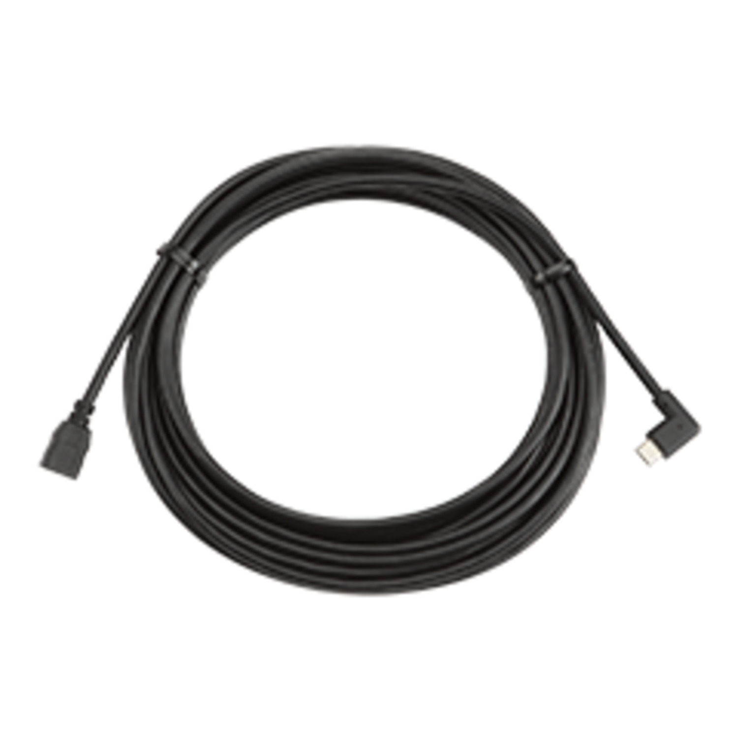Een zwarte opgerolde kabel met connectoren aan beide uiteinden, één L-vormig en één recht.