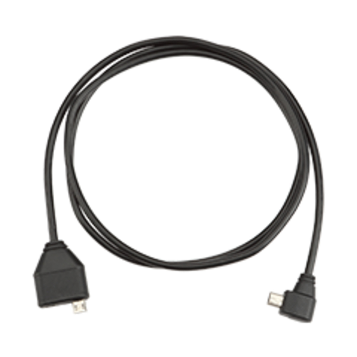 Zwarte USB-kabel. Twee uiteinden: één met micro-USB en een andere schuine micro-USB.