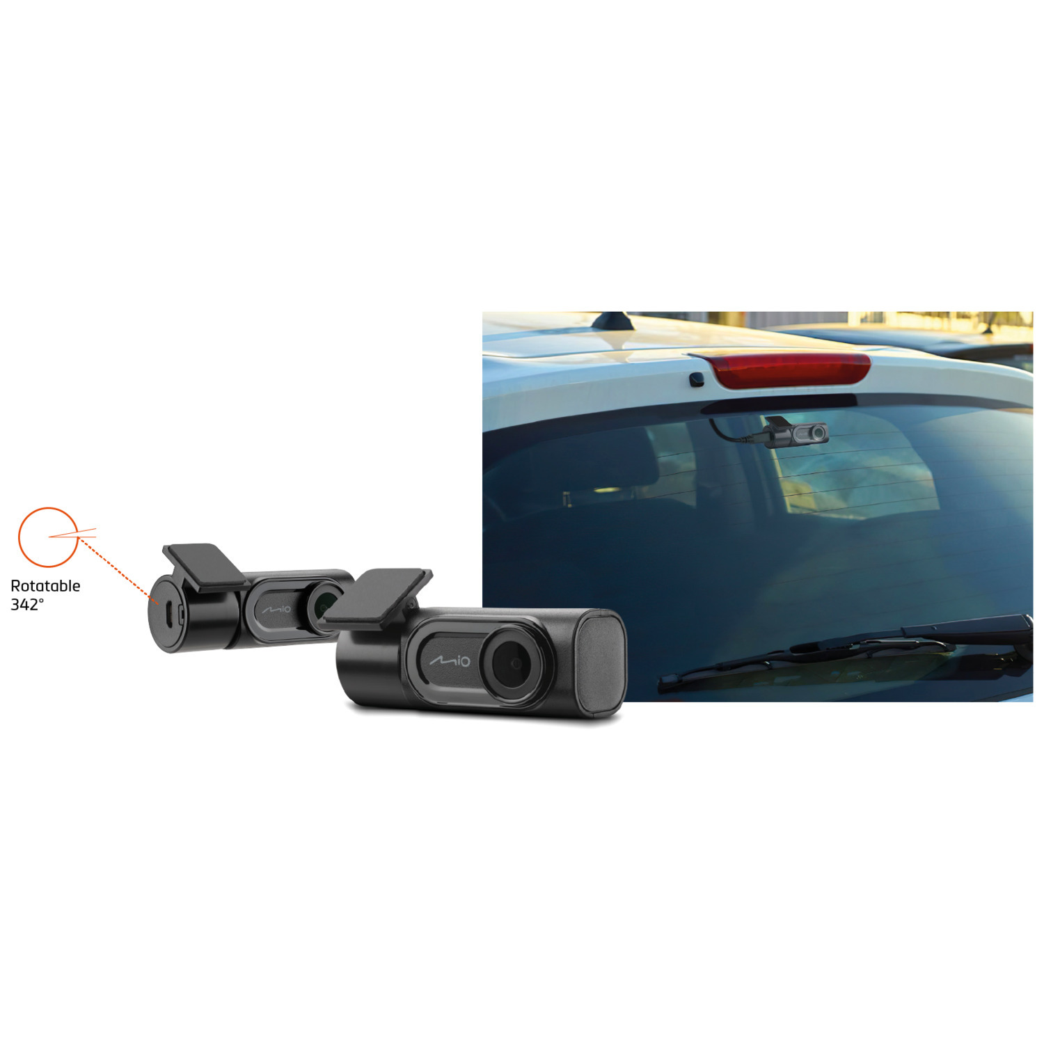 Zwarte auto dashcam en monitor met een witte auto op de achtergrond.