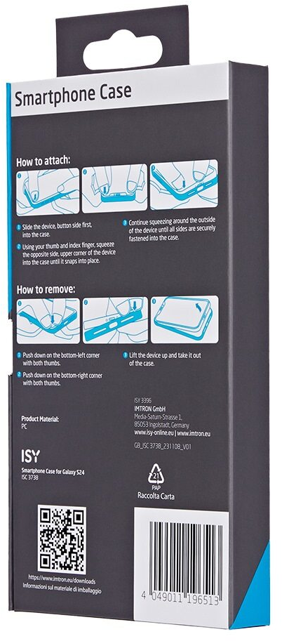 Emballage d'étui pour smartphone. Montre les instructions pour attacher et retirer l'étui.