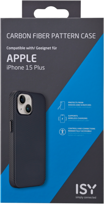 Coque de téléphone noire avec motif en fibre de carbone pour iPhone 15 Plus. La coque montre le téléphone.