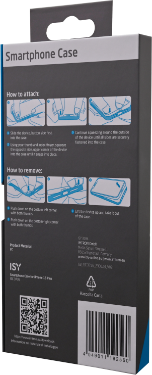 Une boîte de coque de smartphone, avec des instructions pour attacher et retirer la coque, et des détails du produit.