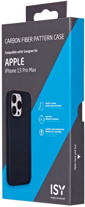 Une boîte de coque de téléphone avec un fond bleu, du texte et une image de la coque.